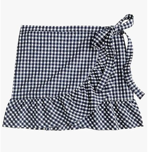 NWT J CREW Ruffle Cover Up Wrap Skirt Blue Gingham Women's L Pool Beach Swim New - Picture 1 of 5